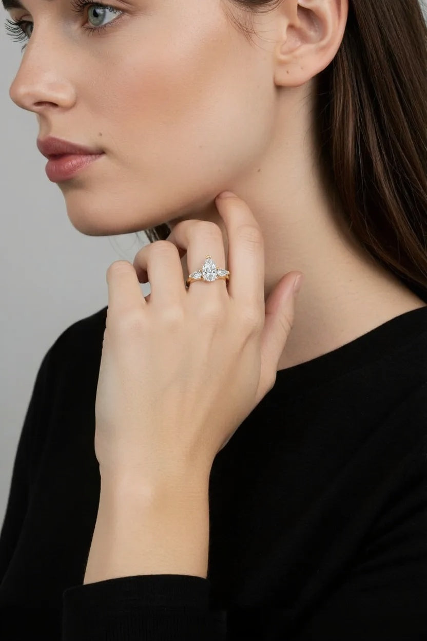 9ct Yellow Gold Trilogy Ring set with Pear cut Diamonds