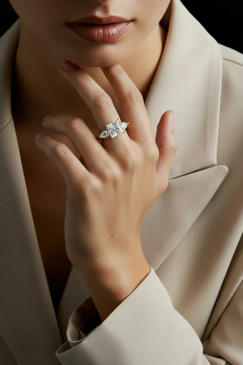 9ct Yellow Gold Ring set with Princess & Pear cut Diamonds
