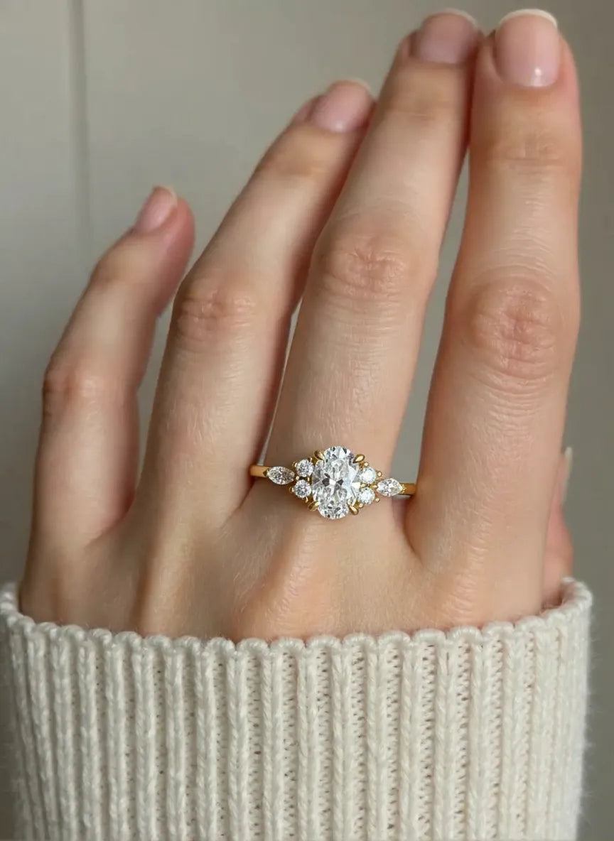 9ct Yellow Gold Ring set with Oval, Round Brilliant & Marquise cut Diamonds