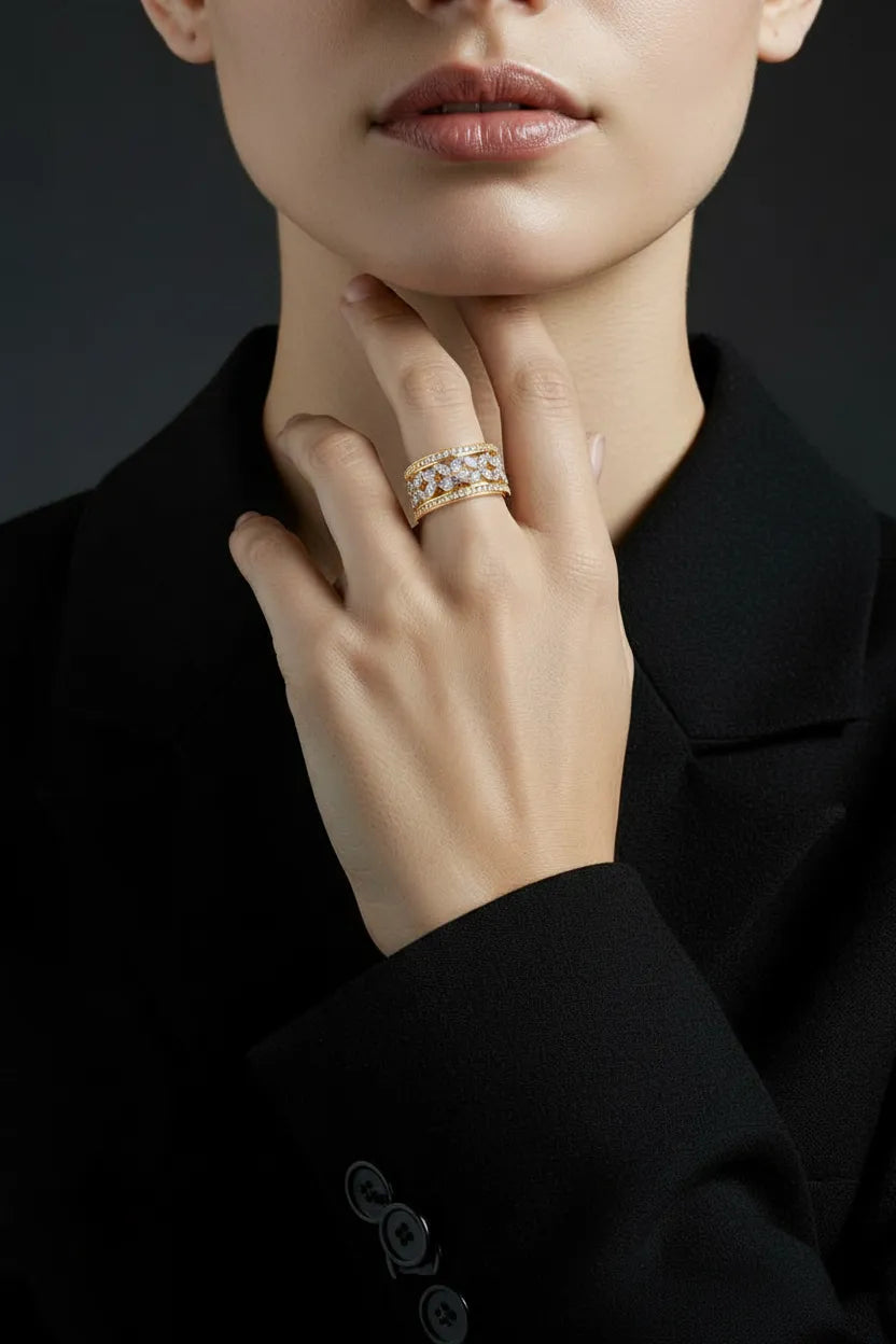 9ct Yellow Gold Wide Diamond Dress Ring
