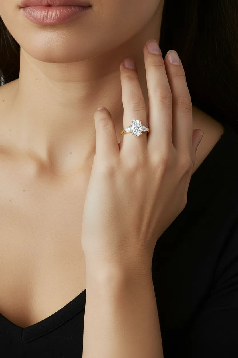 9ct Yellow Gold Trilogy Ring set with Oval & Pear cut Diamonds