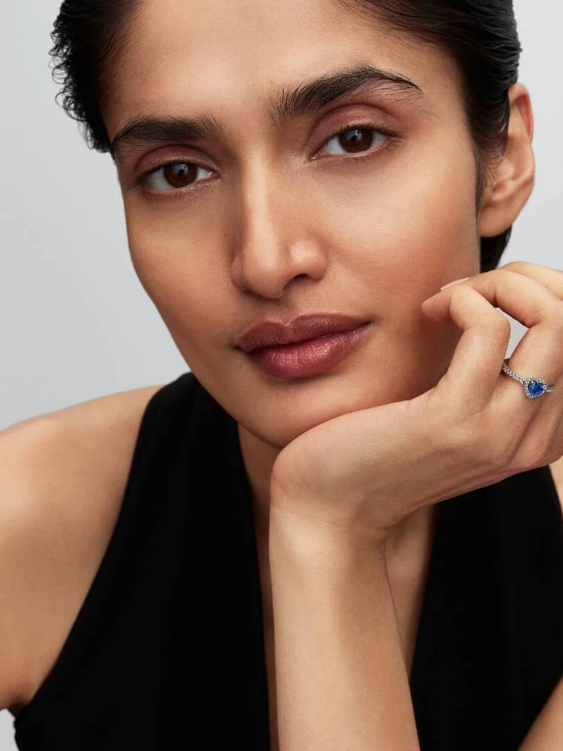 September Crystal Birthstone Elevated Princess Blue Heart Ring